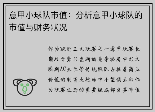 意甲小球队市值：分析意甲小球队的市值与财务状况
