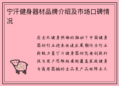 宁汗健身器材品牌介绍及市场口碑情况