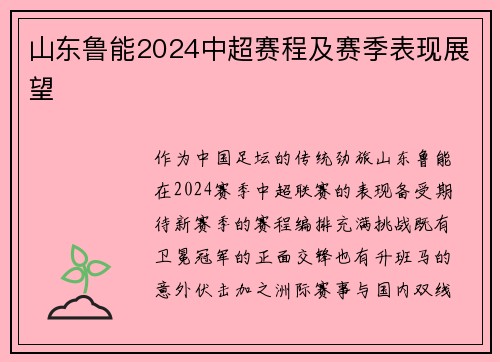 山东鲁能2024中超赛程及赛季表现展望
