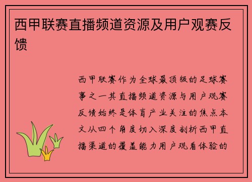 西甲联赛直播频道资源及用户观赛反馈